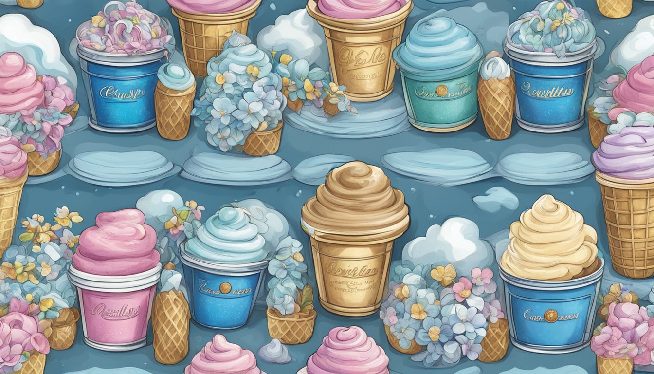 A whimsical vault filled with retired ice cream flavors, each with its own story and legacy, nestled among swirling blue bell flowers