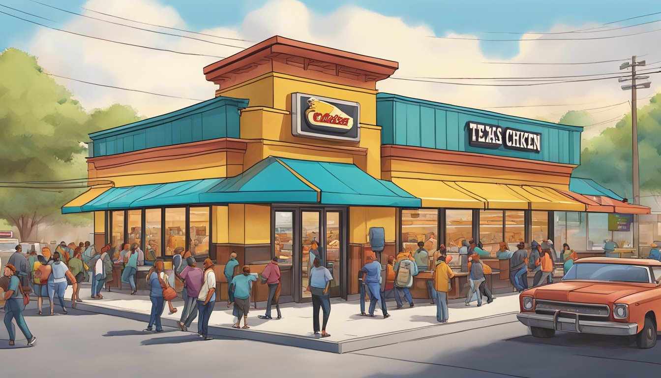 A bustling Texas Chicken restaurant with a vibrant exterior, surrounded by a busy parking lot and a steady flow of customers entering and exiting the building