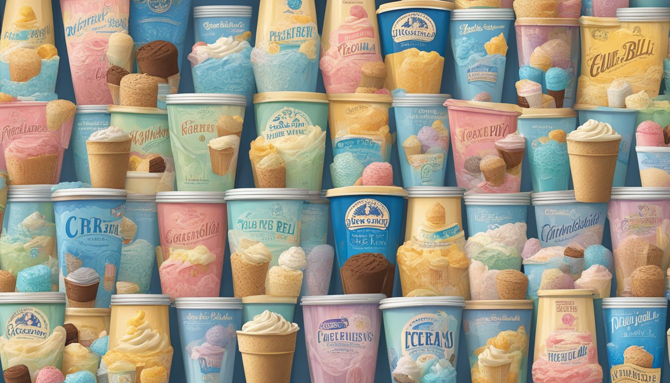 A colorful display of vintage ice cream cartons, each featuring a unique retired flavor from the Blue Bell Flavor Vault, surrounded by nostalgic memorabilia