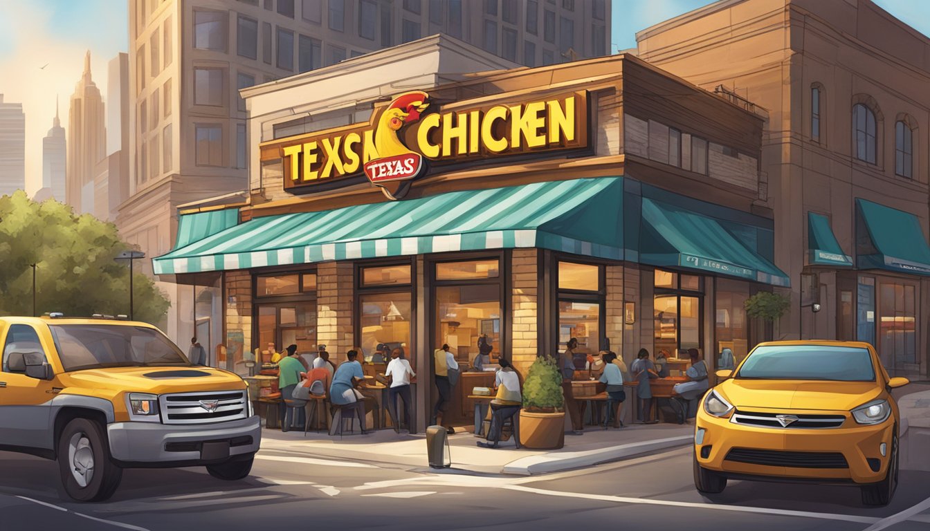 A bustling Texas Chicken restaurant surrounded by modern buildings and busy streets. A sign with the company's logo prominently displayed