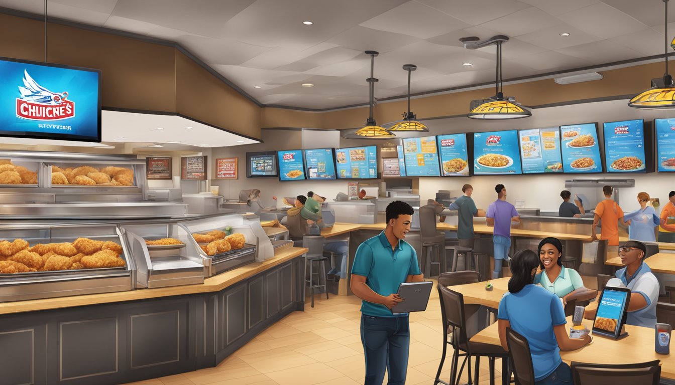 A bustling Church's Texas Chicken restaurant with digital kiosks, mobile ordering, and staff using tablets to enhance the customer experience