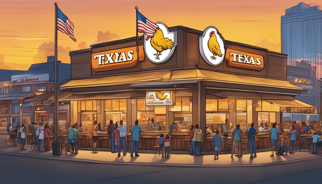 The sun sets behind the iconic Texas Chicken locations, with flags flying high and bustling crowds outside