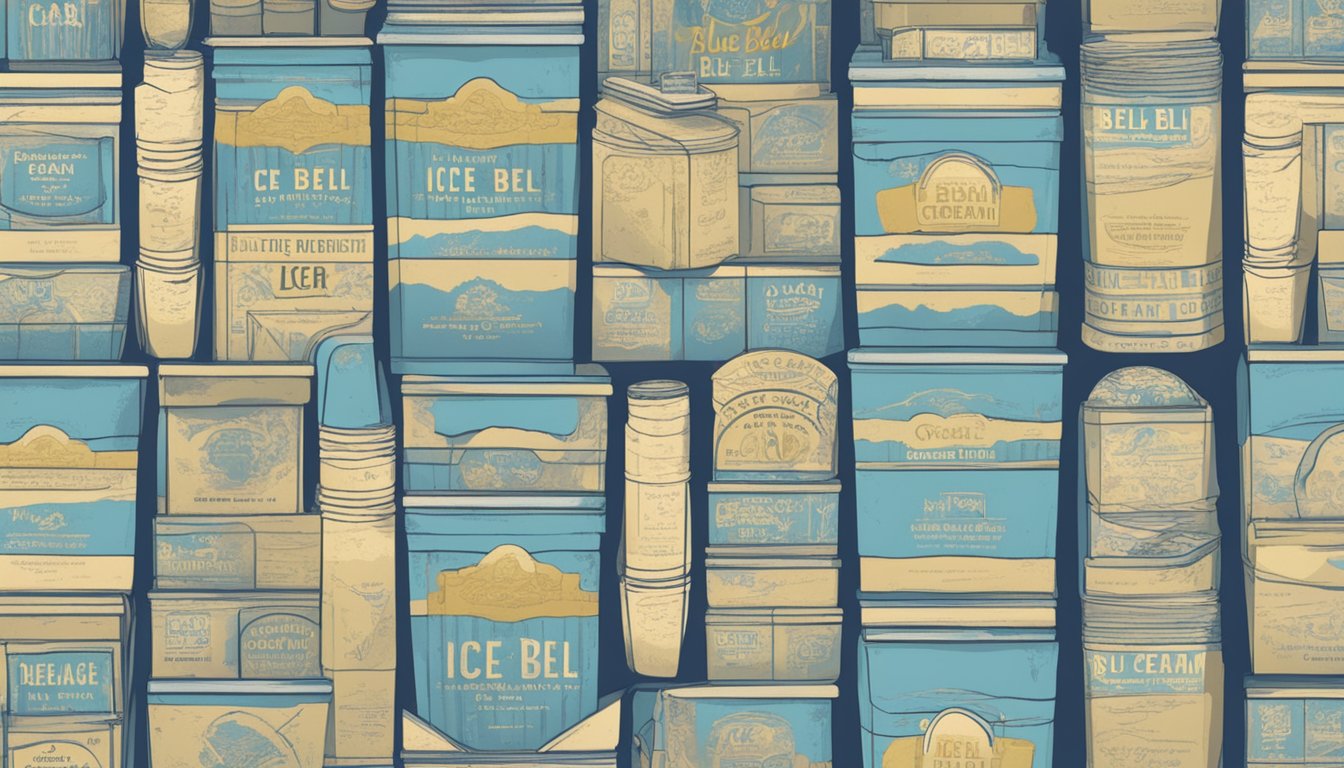 A dimly lit vault filled with rows of vintage ice cream cartons, each labeled with a retired Blue Bell flavor and its unique story