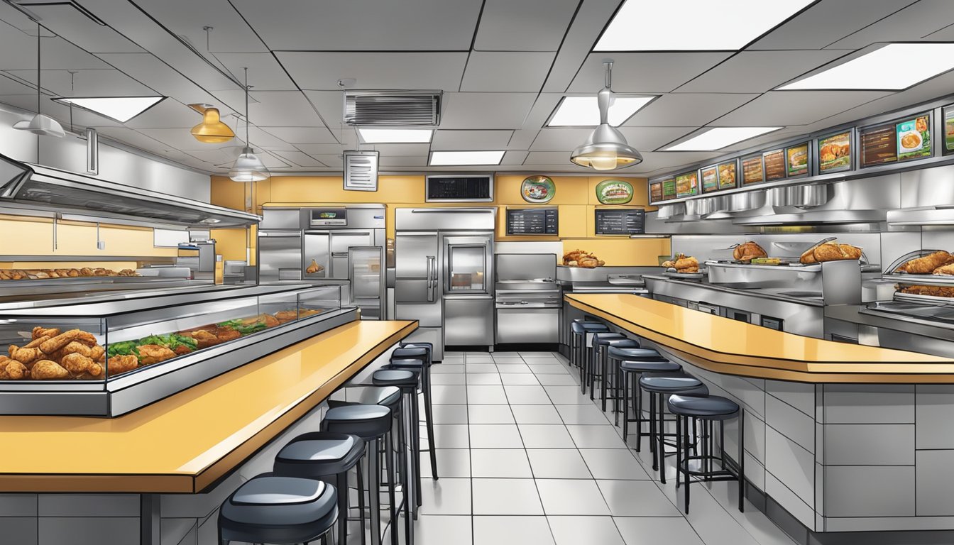 A bustling Texas Chicken restaurant with advanced technology integrated into the kitchen and ordering systems, showcasing increased efficiency and productivity