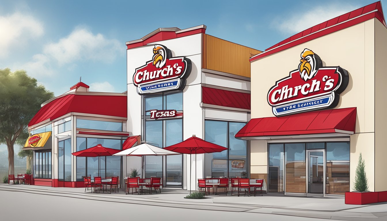 A row of Church's Texas Chicken restaurants stand side by side, each with its distinctive red and white exterior and iconic logo