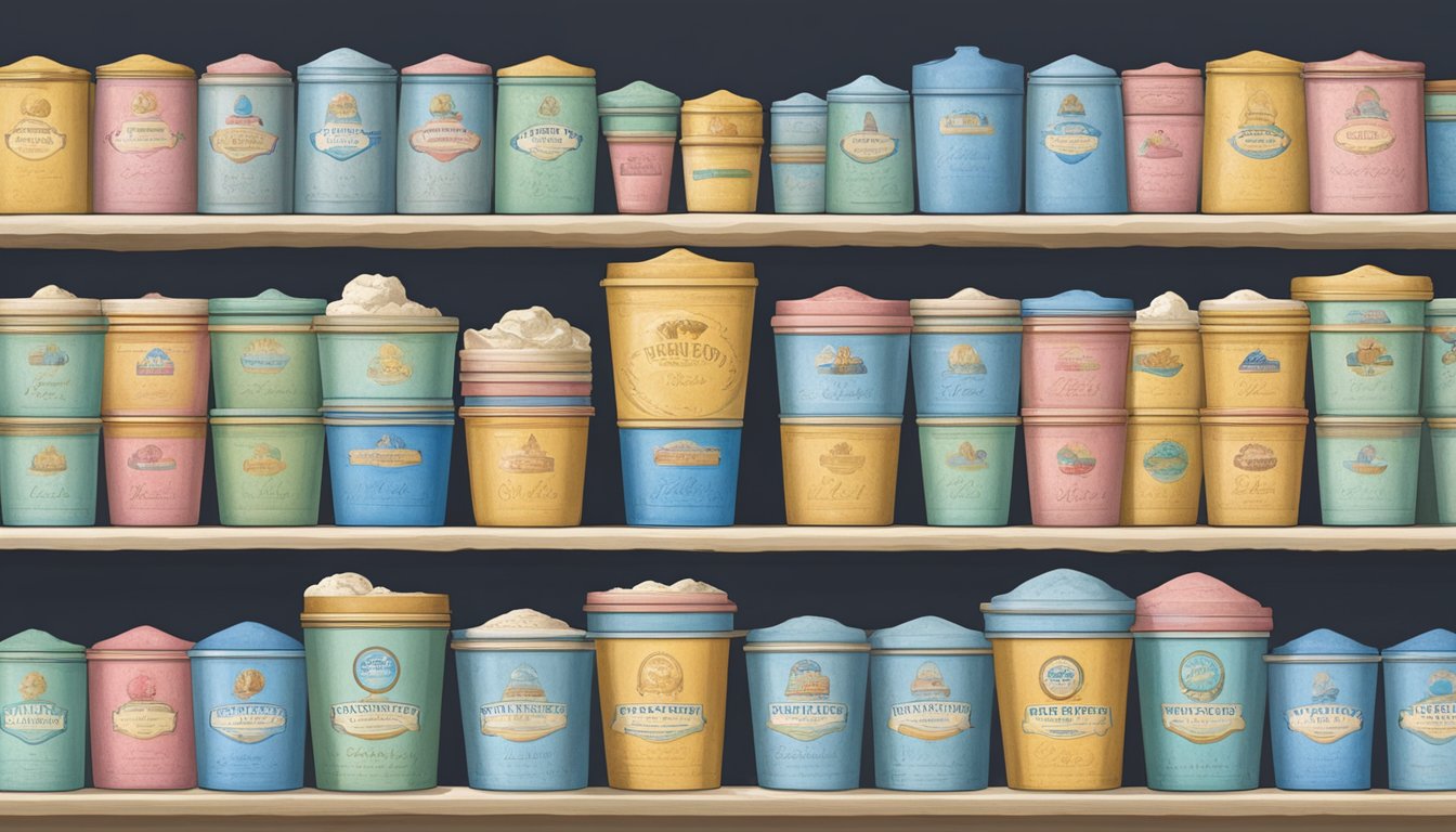 A colorful vault filled with rows of vintage ice cream containers, each labeled with a retired Blue Bell flavor and its unique story