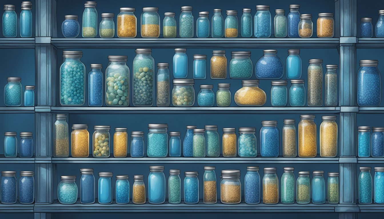 A dimly lit, futuristic vault filled with rows of glass jars containing various shades of blue liquid, each labeled with a retired flavor and its legacy