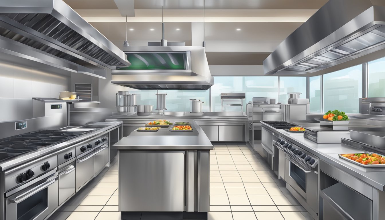 A modern restaurant kitchen with advanced cooking equipment and digital ordering systems