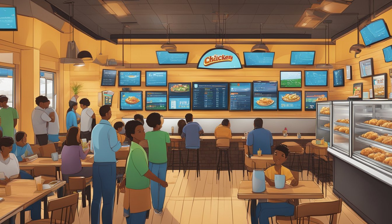 A bustling Texas Chicken restaurant with digital screens displaying real-time data and analytics, while technology seamlessly integrates into the operations