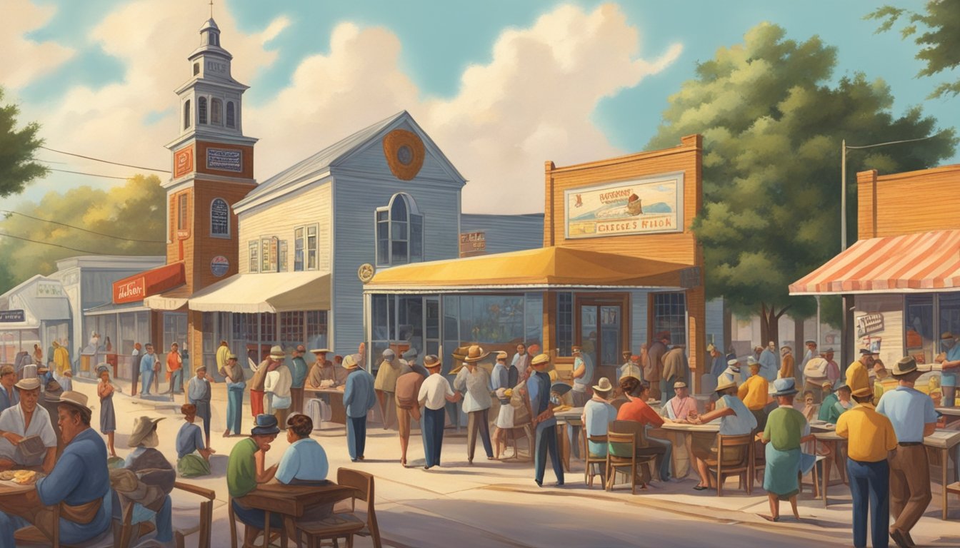 A bustling Texas town in the 1950s, with a small church serving up spicy fried chicken to a diverse crowd of locals and travelers