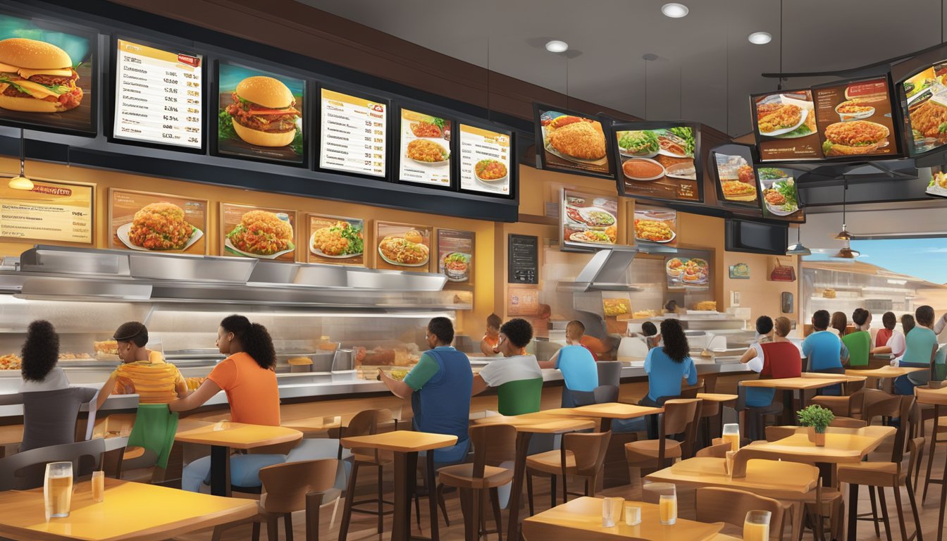 A bustling Texas Chicken restaurant with a digital menu board showcasing innovative menu items