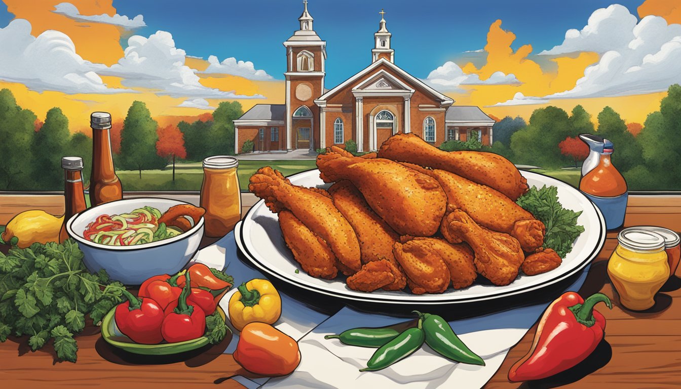 A sizzling plate of spicy chicken takes center stage, surrounded by vibrant peppers and herbs, while the iconic Church's Texas Chicken logo looms in the background