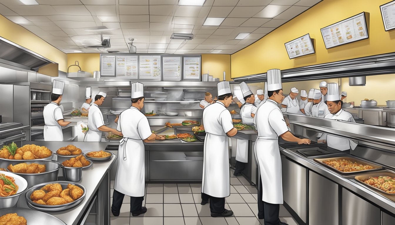 A bustling restaurant kitchen with chefs creating new menu items, while franchisees receive support and guidance from Church's Texas Chicken executives