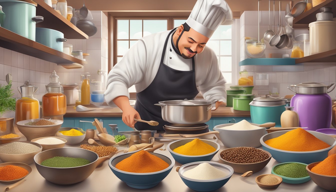 A chef in a bustling kitchen experiments with new spices and ingredients, surrounded by colorful dishes and cooking utensils