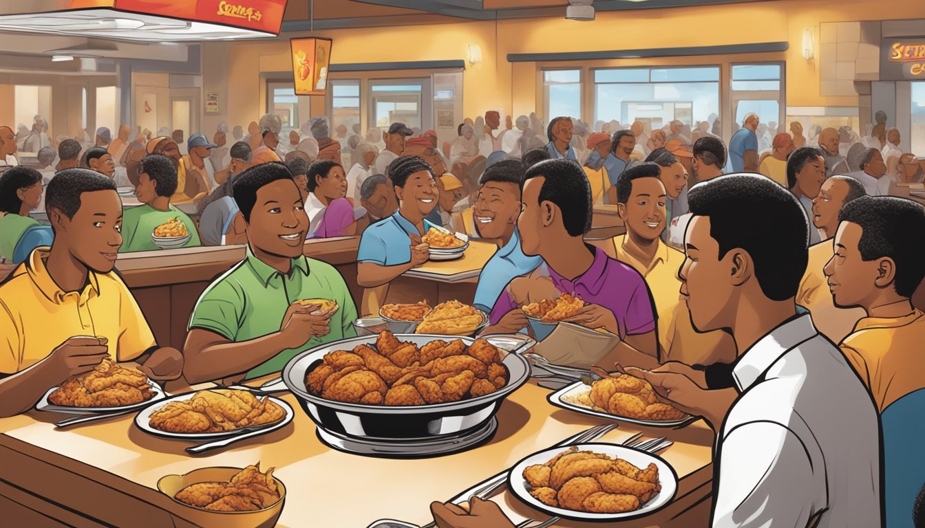 A sizzling plate of spicy chicken being served at a bustling Church's Texas Chicken restaurant, with customers eagerly lining up to place their orders