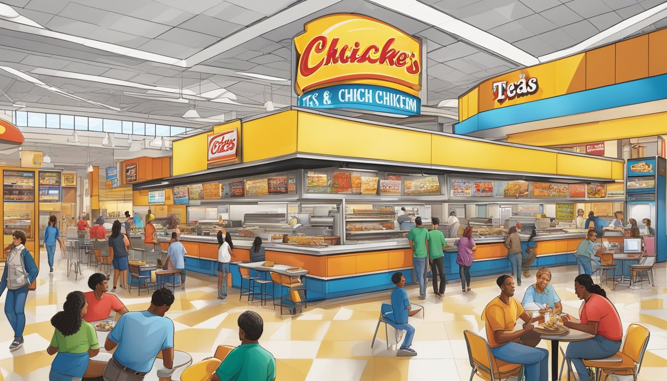 A bustling food court with diverse cuisines and Church's Texas Chicken's vibrant storefront, surrounded by non-traditional locations like airports and universities