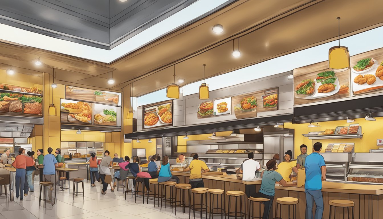 A bustling food court with Texas Chicken's logo prominently displayed, surrounded by efficient operations and satisfied customers