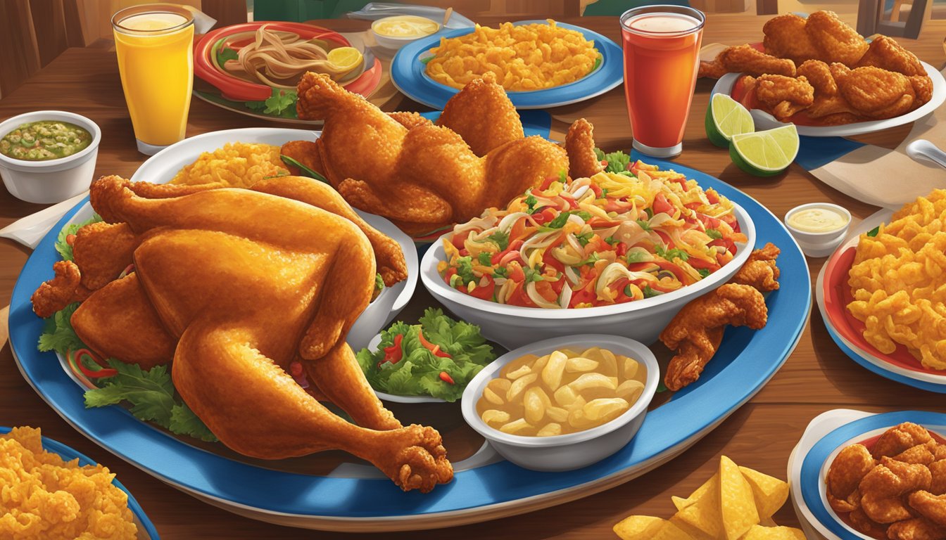 A sizzling platter of spicy chicken surrounded by vibrant Texas-themed decor, evoking a sense of flavor and tradition at Church's Texas Chicken