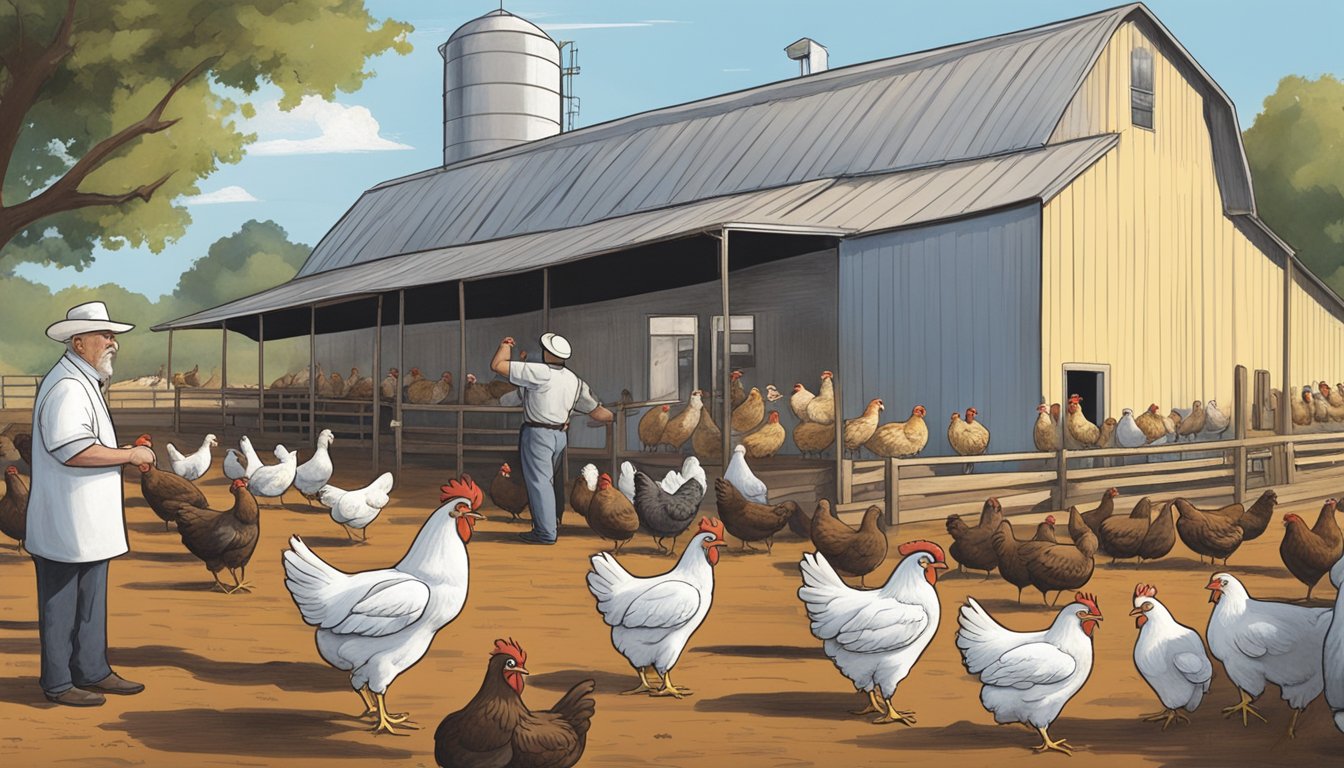 A bustling Texas chicken farm with George W. Church Sr. overseeing operations and tending to the flock