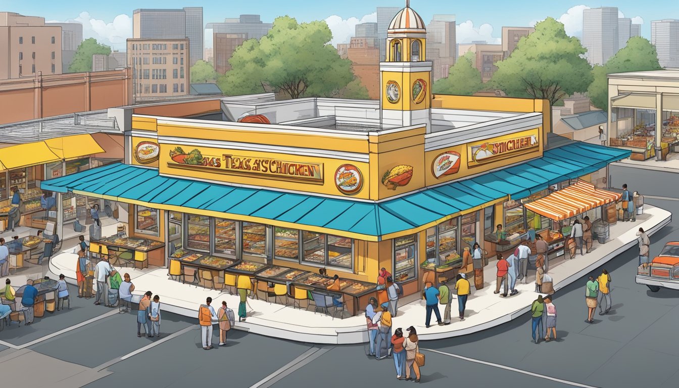 A bustling food court with various vendors and patrons, featuring a prominent Church's Texas Chicken stand amidst the market challenges