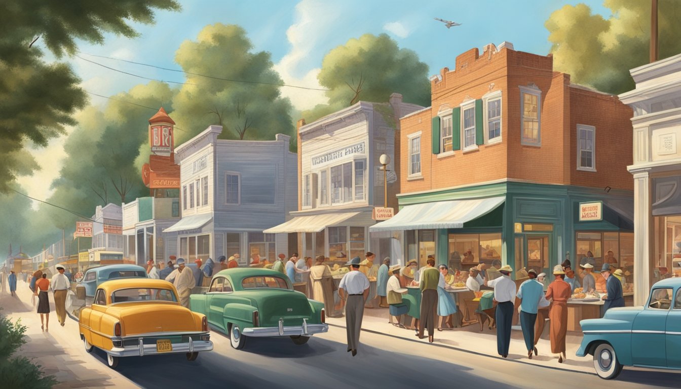 A bustling southern town in the 1950s, with a small restaurant serving up delicious fried chicken to a diverse crowd