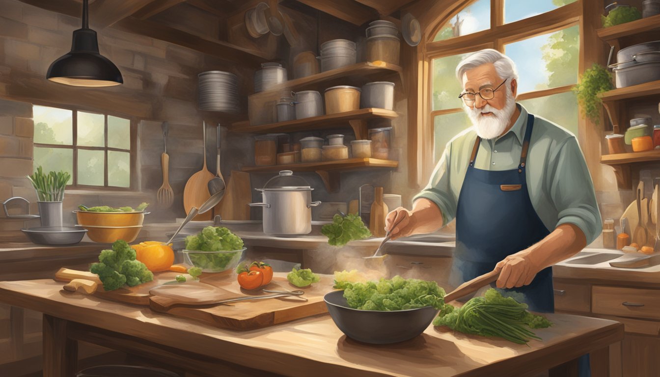 George W. Church Sr. creating recipes in a rustic kitchen, surrounded by fresh ingredients and cooking utensils