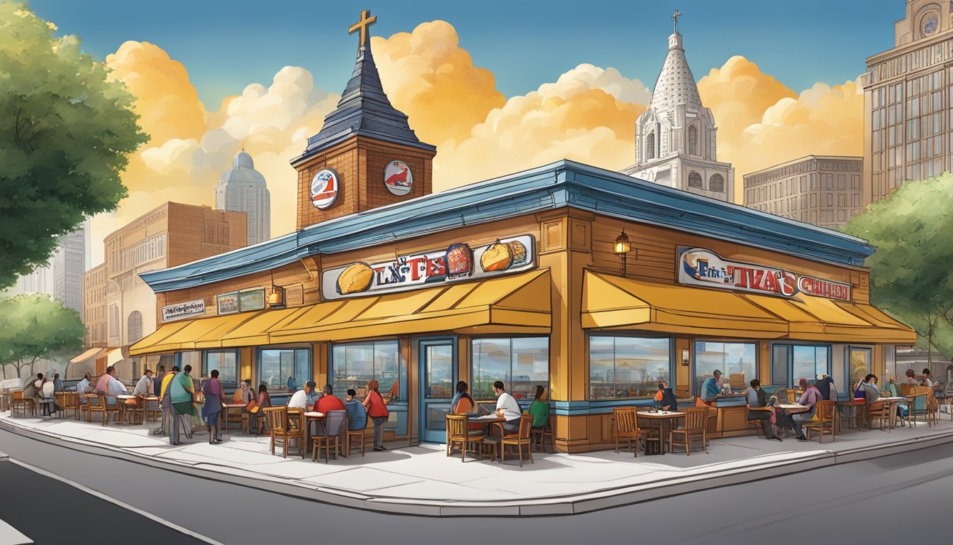 A bustling restaurant with the Church's Texas Chicken logo prominently displayed, surrounded by diverse cityscapes and international landmarks