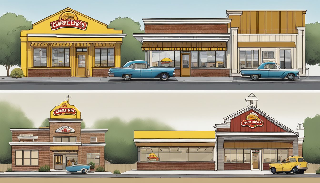 A timeline of Church's Texas Chicken restaurants from the past to present, showing the evolution of architectural design and branding