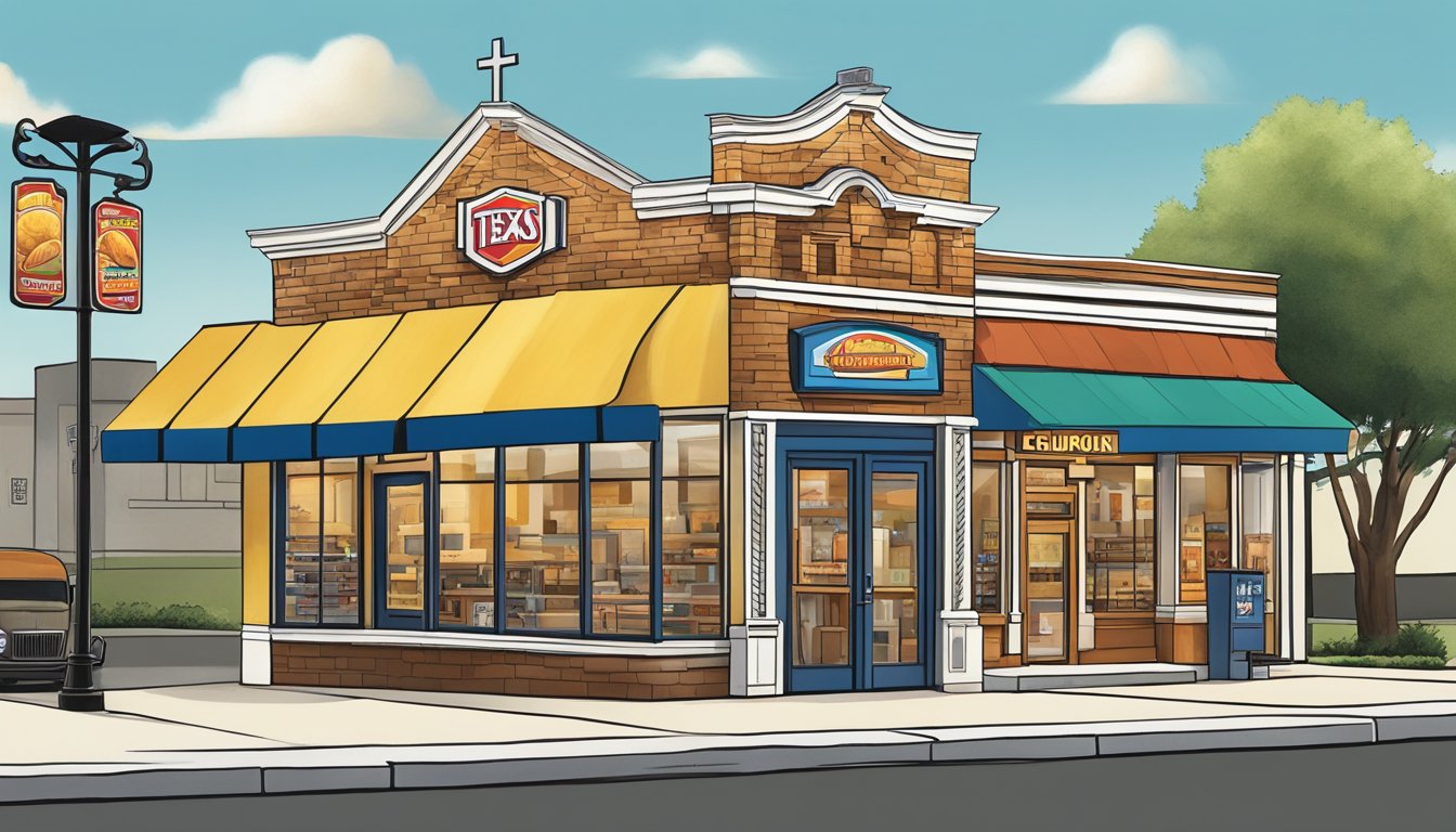 A series of storefronts, each with a different architectural style, from traditional to modern, showcasing the evolution of Church's Texas Chicken restaurants