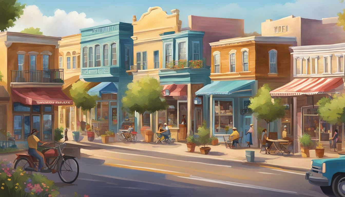 A bustling Texas town with a colorful mix of local architecture and a warm, inviting atmosphere