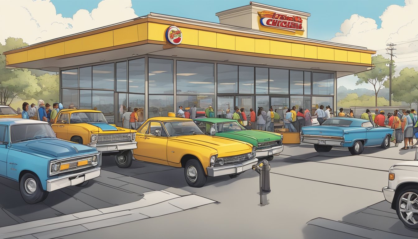 A busy drive-thru line at Church's Texas Chicken with cars waiting to order and pick up food, while employees work efficiently to serve customers