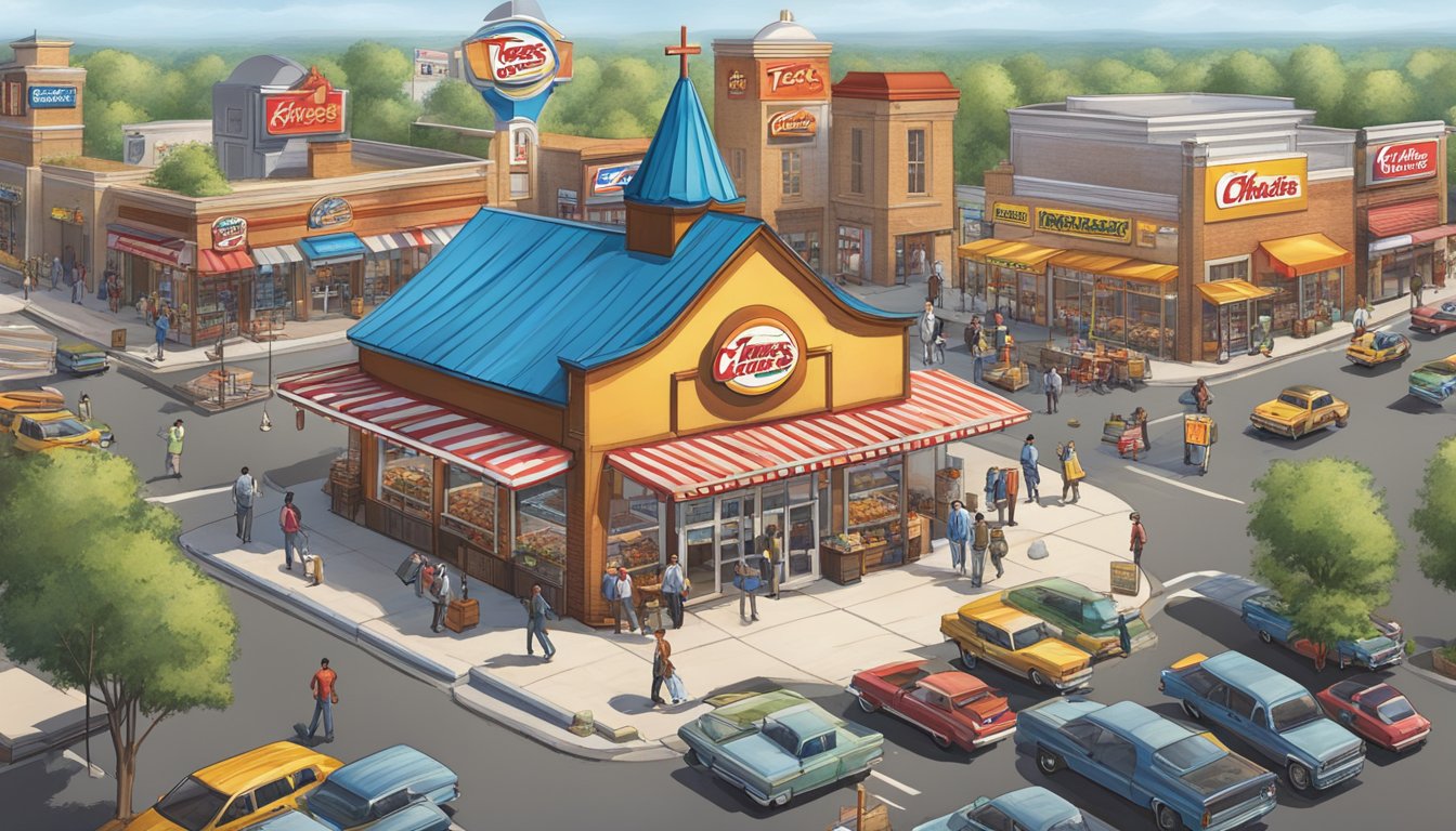 A bustling marketplace with a prominent Church's Texas Chicken storefront, surrounded by competing fast-food chains