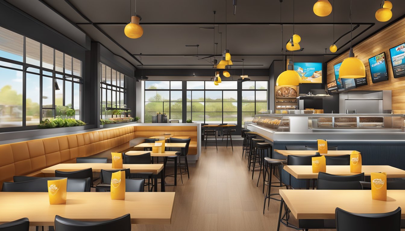 A modern Texas Chicken restaurant with sleek interior design, innovative menu boards, and a display of culinary creations