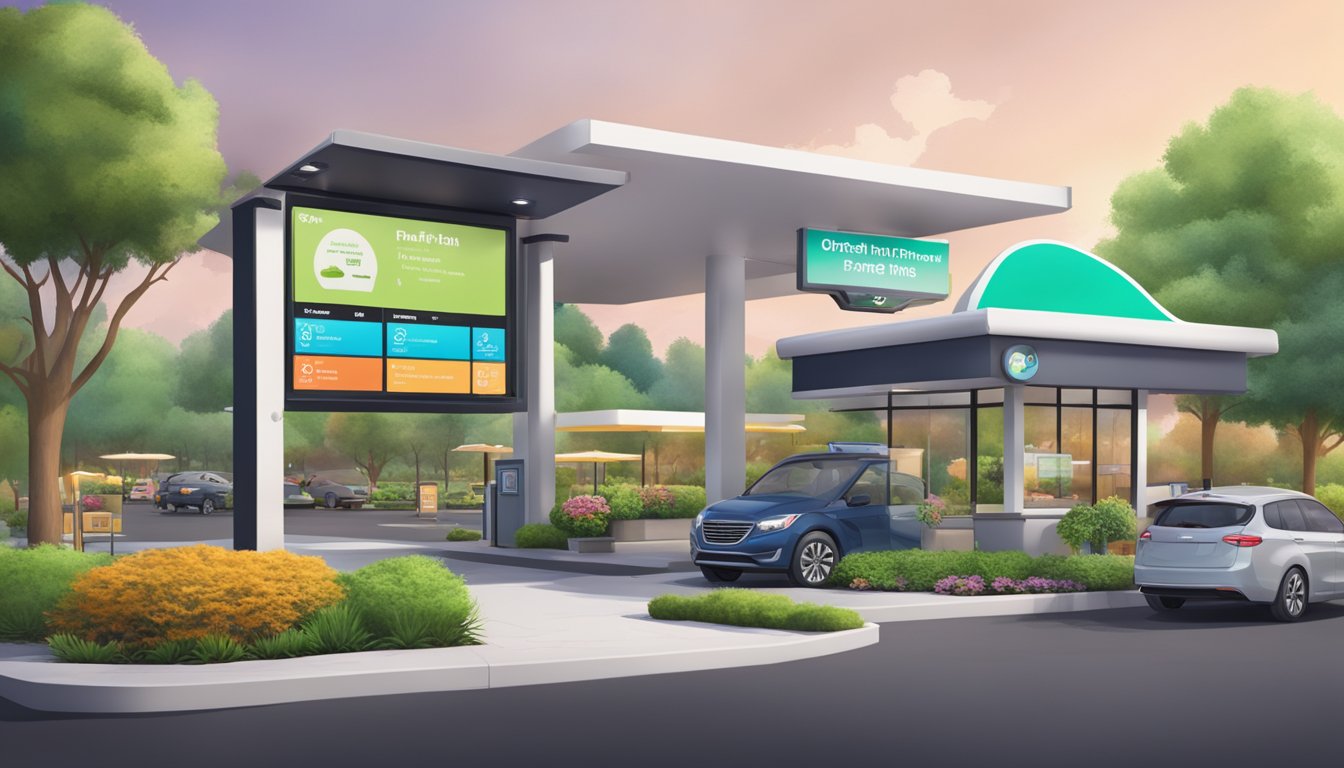 A modern drive-thru with digital menu boards and order confirmation screens, surrounded by lush landscaping and a well-maintained parking lot