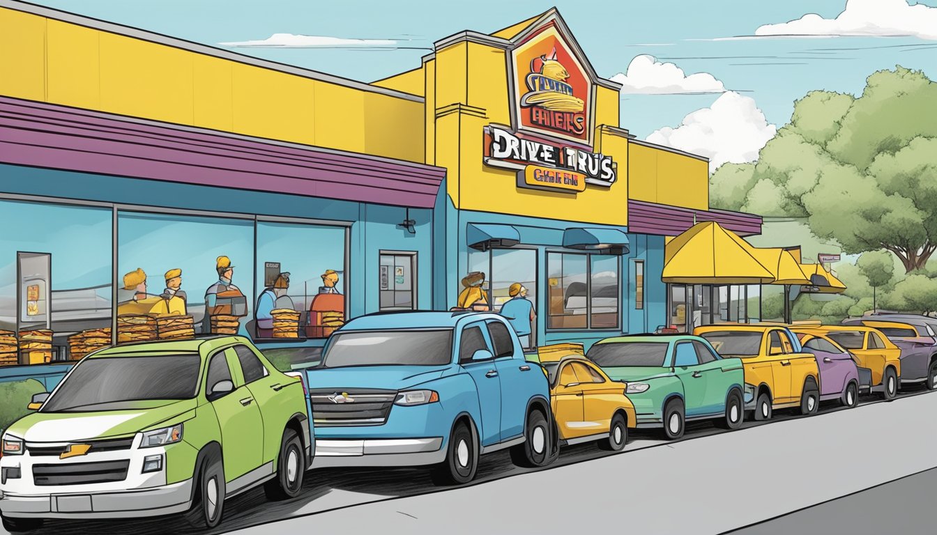 A drive-thru window at a Church's Texas Chicken restaurant, with a line of cars waiting to order and pick up food, showcasing the role of drive-thru in the business model