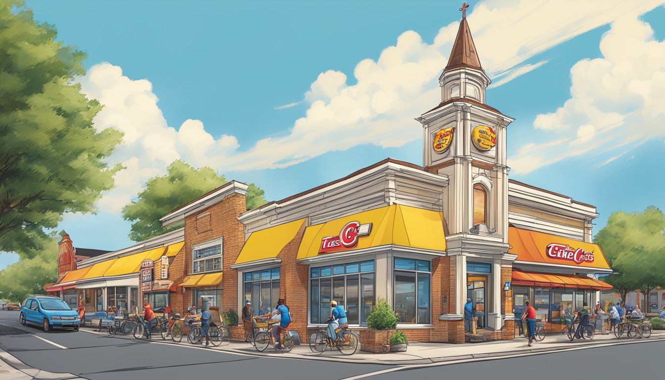 A bustling street lined with vibrant Church's Texas Chicken restaurants, each one uniquely designed to stand out among the competition