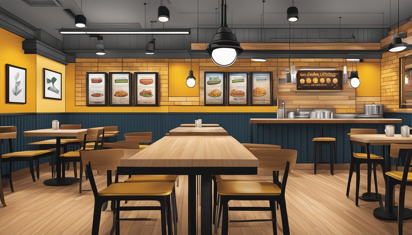 A modern, sleek Texas Chicken restaurant with a mix of traditional and contemporary design elements, featuring warm wood accents, industrial lighting, and a bold color palette