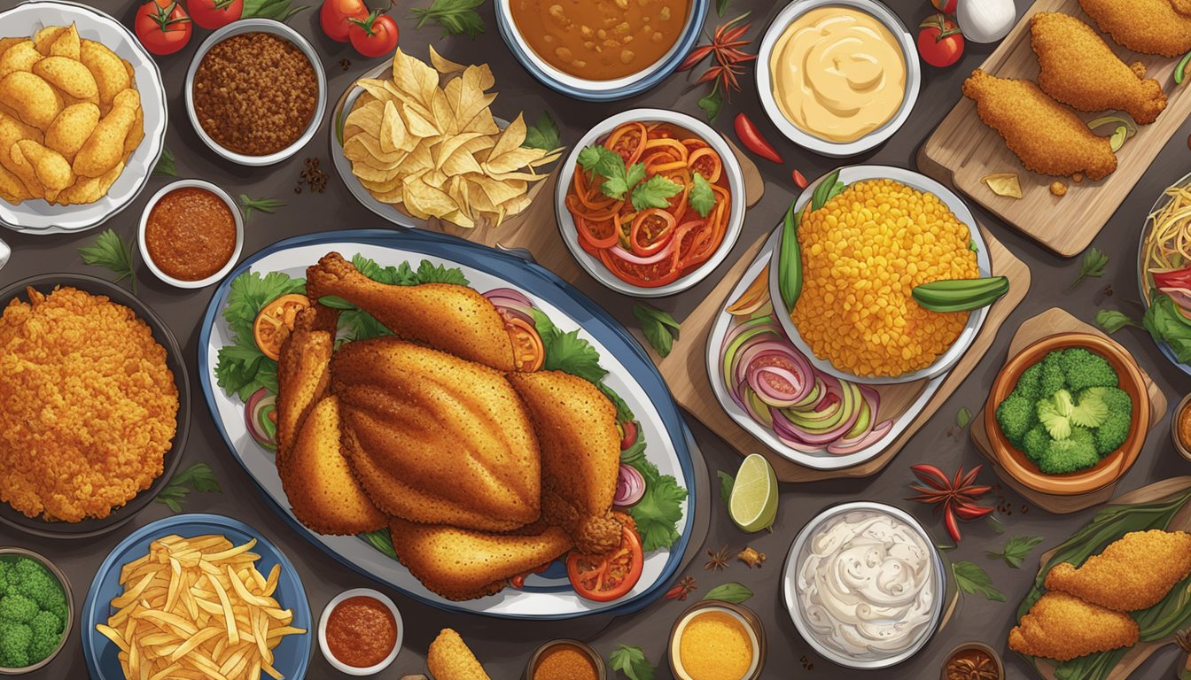 A table with various international dishes from Church's Texas Chicken, surrounded by colorful ingredients and spices