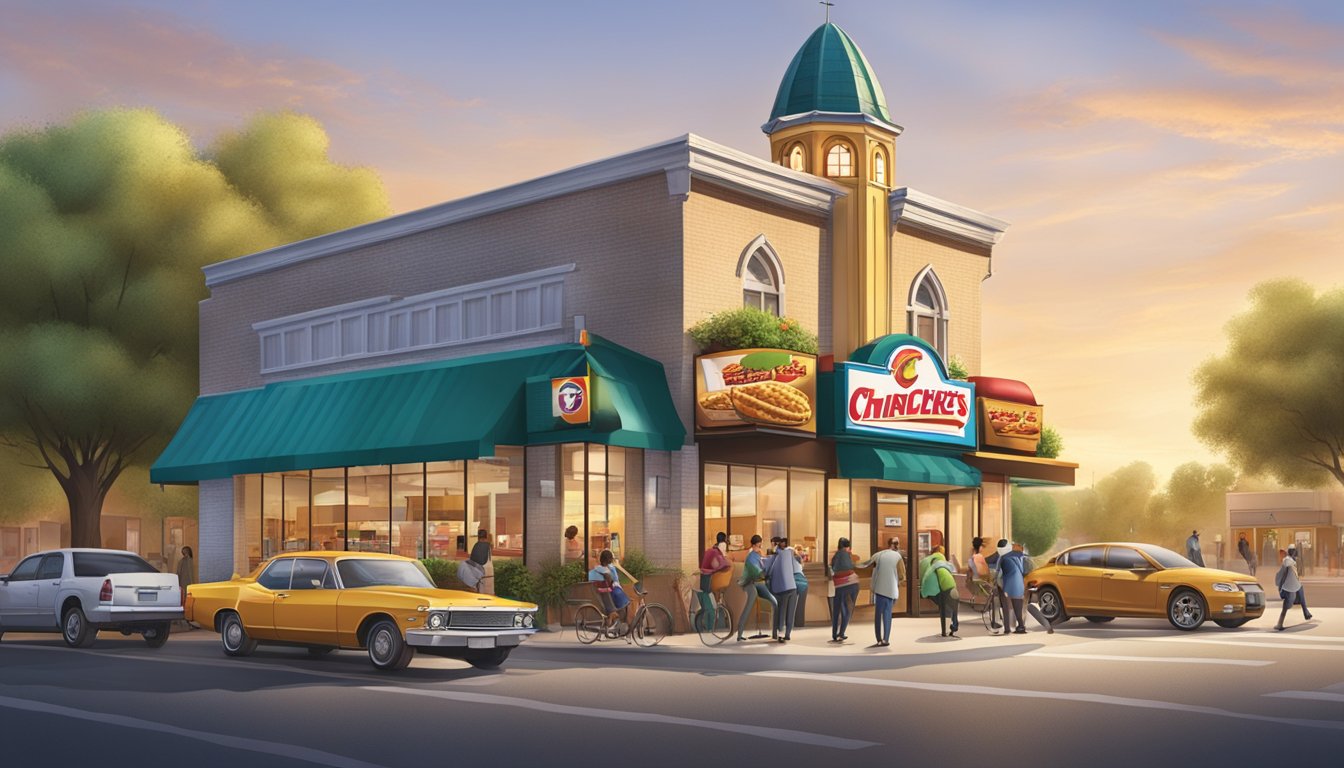 A bustling street corner with a Church's Texas Chicken restaurant featuring an international menu, surrounded by convenience services