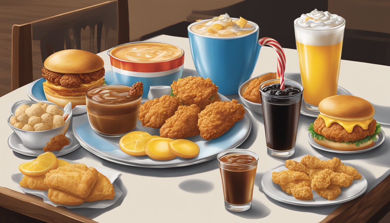 A table set with a variety of beverages and desserts from Church's Texas Chicken's international menu variations