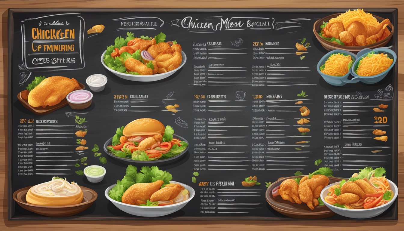 A colorful chalkboard menu displays various international chicken dishes with promotional offers