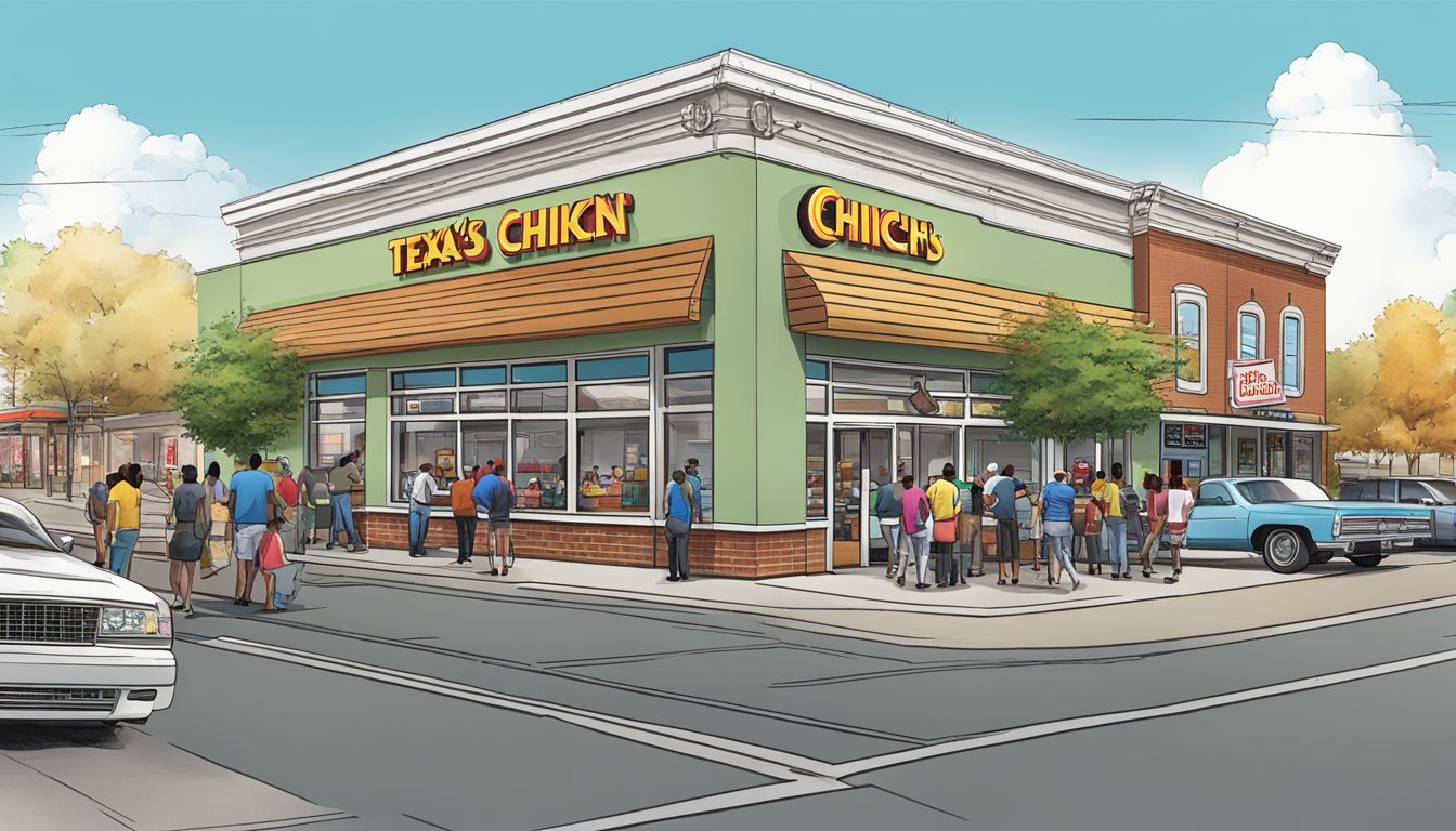 A bustling Church's Texas Chicken restaurant with a line of customers out the door, surrounded by a vibrant community and local businesses