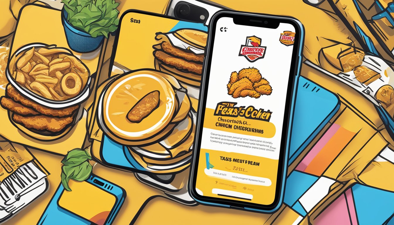 A colorful mobile phone displaying Church's Texas Chicken's loyalty program and app features