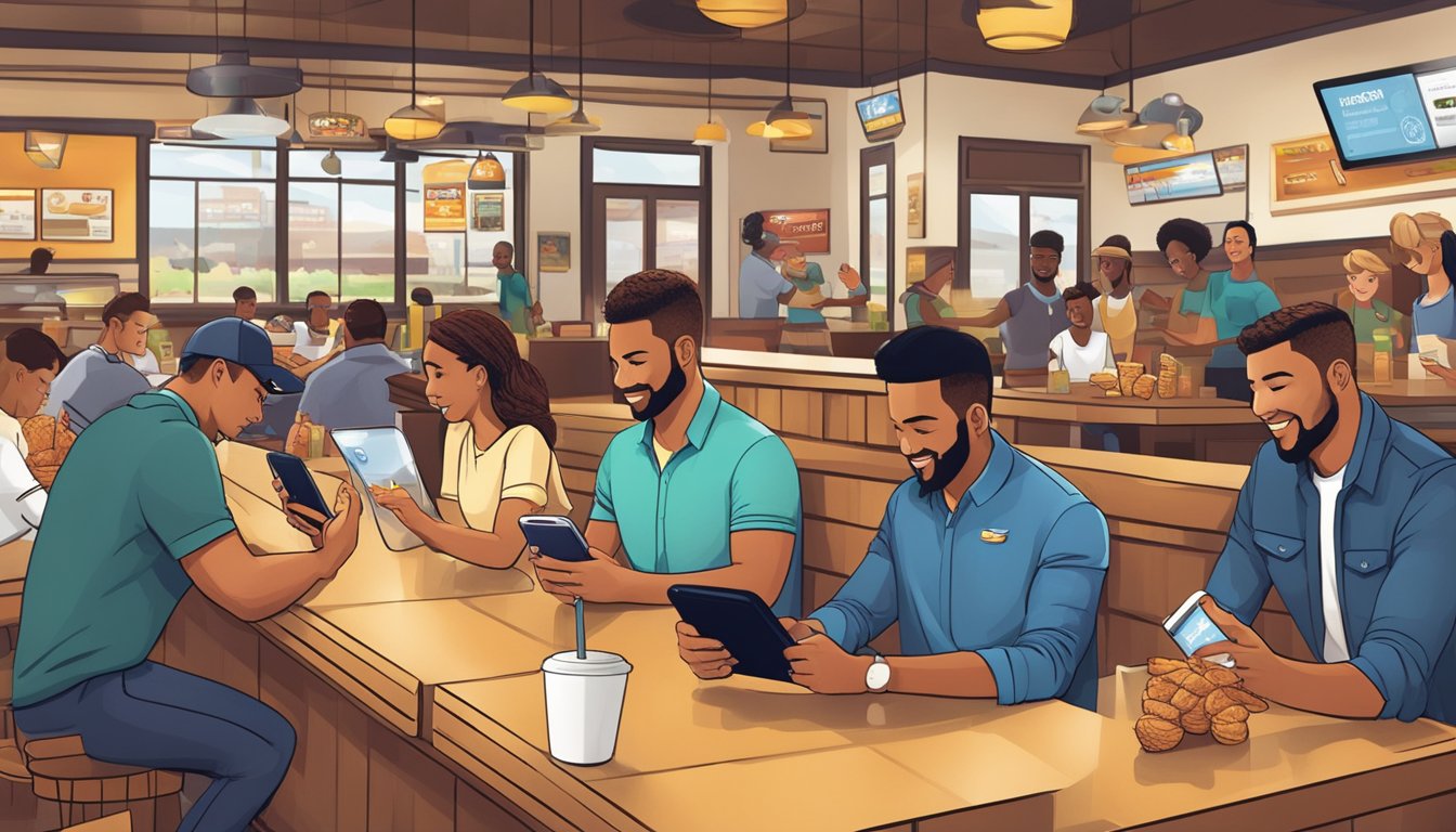 A bustling restaurant scene with customers scanning QR codes on their phones at the counter, while others sit at tables, enjoying their meals and earning loyalty points through the Church's Texas Chicken app