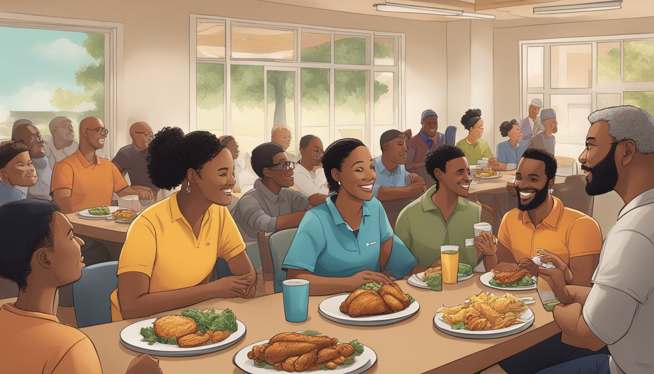 A group of people from diverse backgrounds gather around a table, sharing a meal and engaging in conversation, while a banner in the background displays the Conclusion Church's Texas Chicken logo