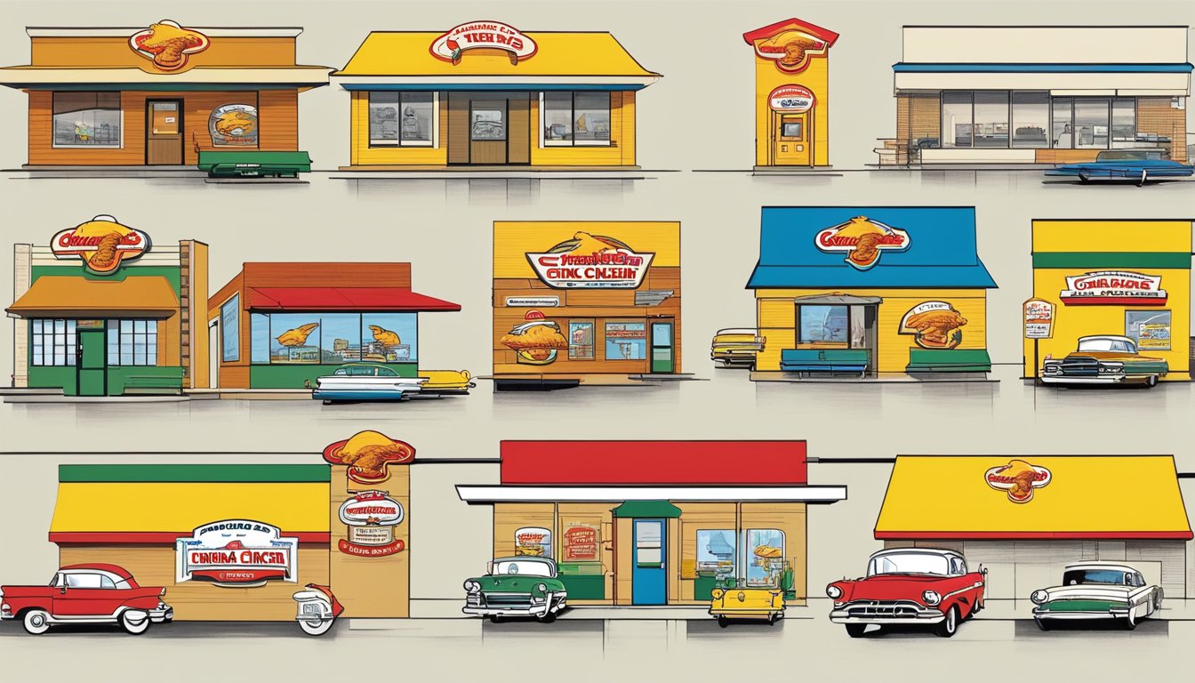 A timeline of Church's Texas Chicken's packaging designs from the 1950s to present day, showcasing the evolution of logo, color schemes, and imagery