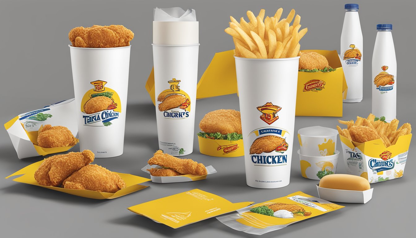 A modern, eco-friendly packaging design for Church's Texas Chicken, featuring sustainable materials and practical, user-friendly features