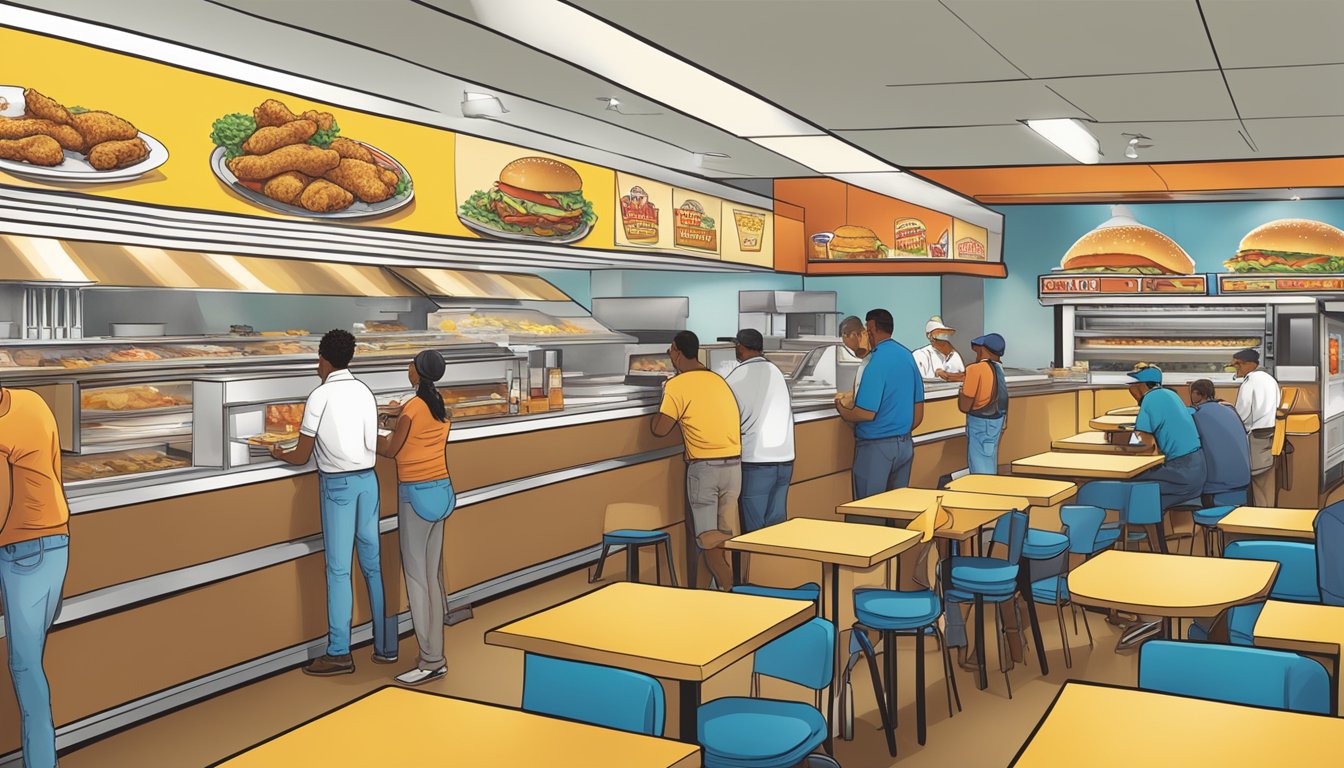 A bustling fast-food restaurant with a line of customers, workers packaging food, and a display of the evolution of Church's Texas Chicken's packaging design