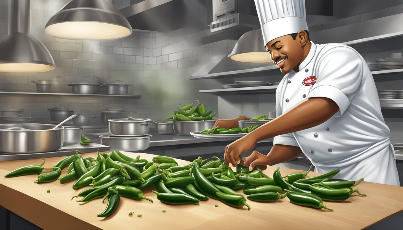 A chef in a bustling kitchen carefully slices fresh jalapenos, while others mix and season them to create Church's Texas Chicken's iconic jalapeno pepper side dish