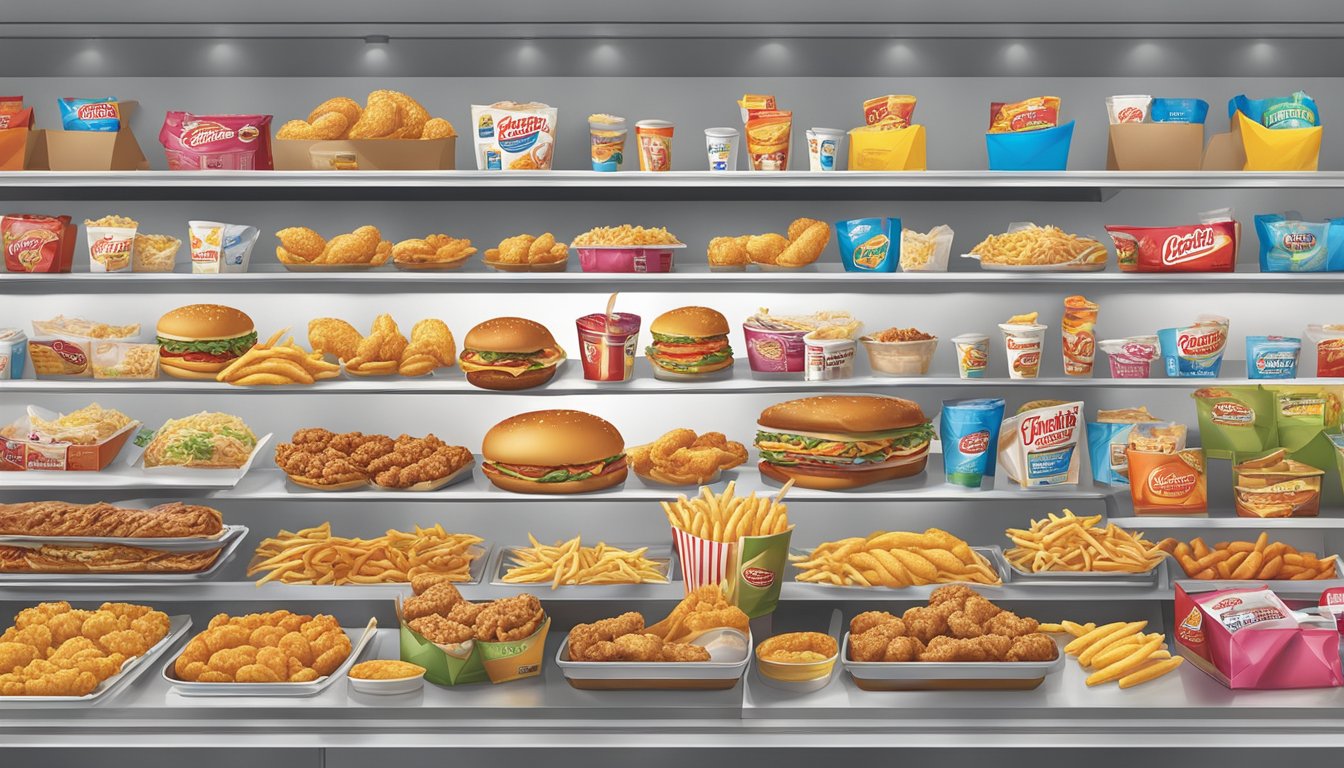 A colorful array of fast food packaging from various competitors, including Church's Texas Chicken, displayed on a crowded shelf in a bustling market